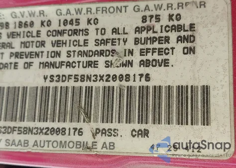 1999 Saab 9-3 Se from USA, damaged, VIN YS3DF58N3X2008176